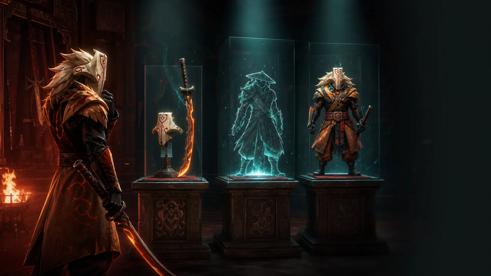 Red and teal illustration of a masked hero silhouette framed by arcane cosmetic effects