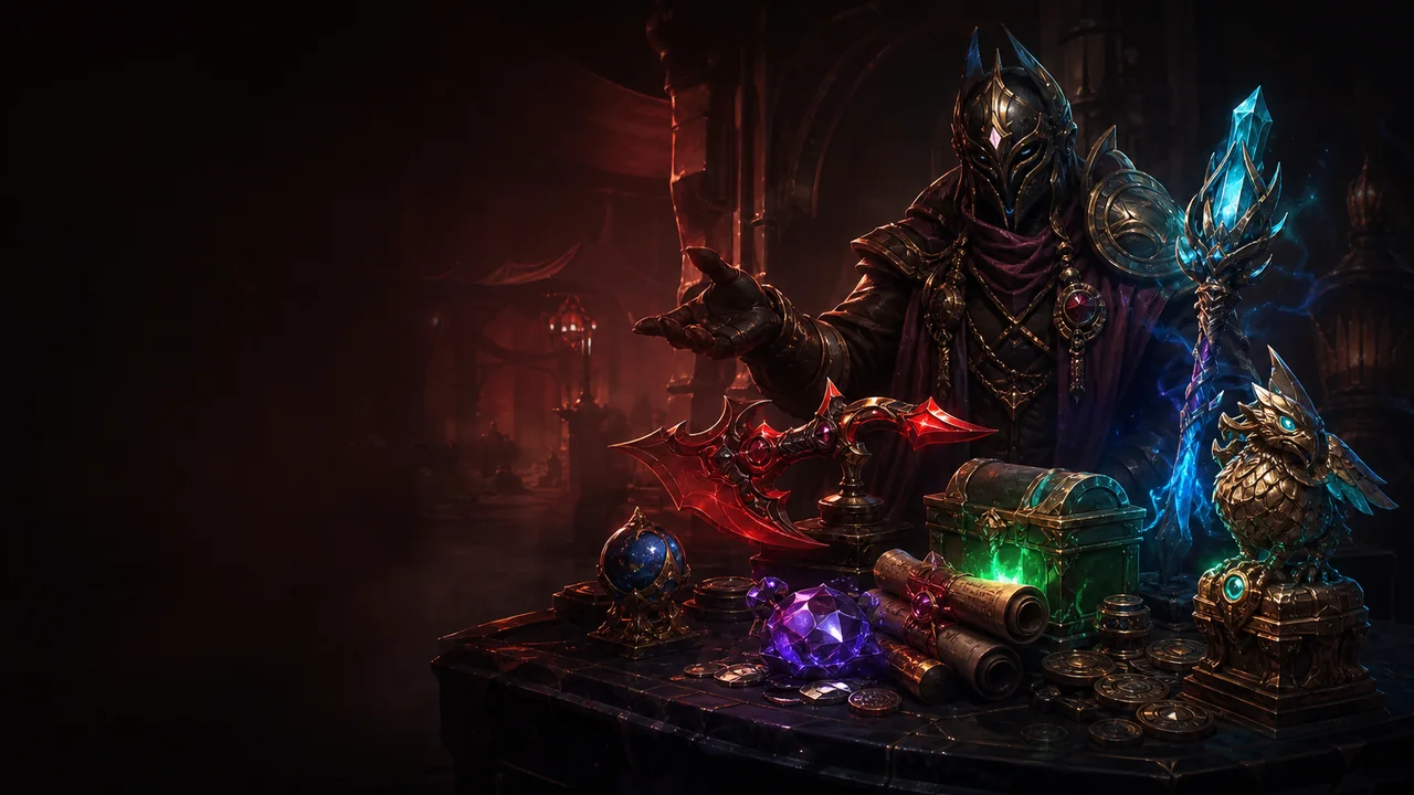 Fantasy item merchant presenting weapons, treasures and collectibles